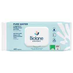 Biolane Pure Water Lingettes Non Parfumées - 60 Lingettes - Nettoyage doux pour peaux sensibles